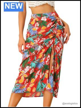 Ruched Midi Skirt with Side Slit, Tropical Floral, Rayon, Lightweight, Vacation
